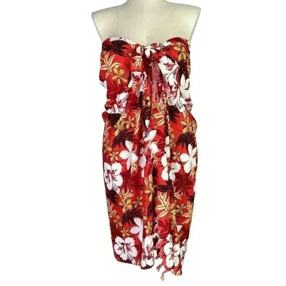 Vintage HIBISCUS COLLECTION HAWAII Wrap Scarf Sarong Red Floral Fringe Beach - Picture 1 of 7